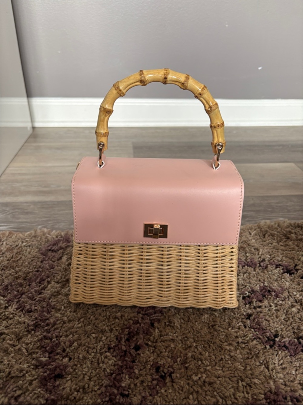 Mark and Graham Pink Wicker Top-Handle CrossbodyBag with Bamboo Handle - Picture 4 of 6